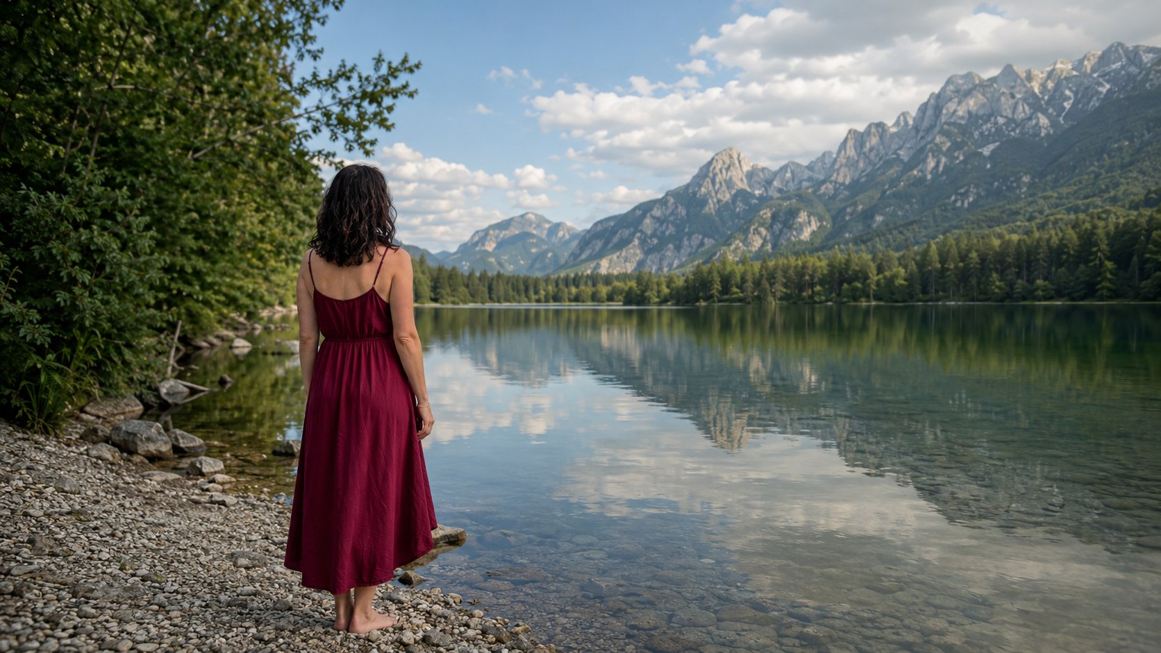 Tanja Rüdiger steht nachdenklich an einem stillen Bergsee