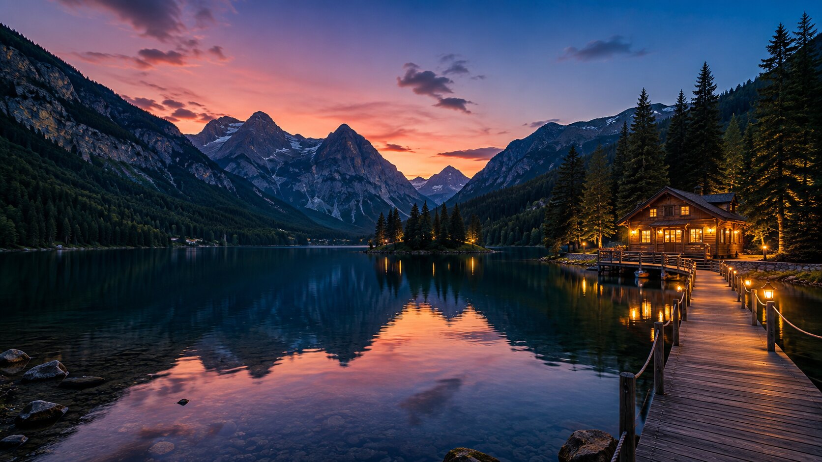 Stiller Bergsee in der Abenddämmerung, warmes Licht am Ufer