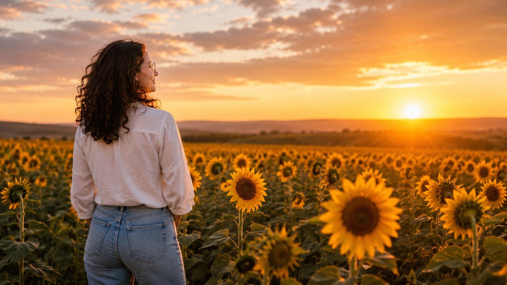 Sonnenblumenfeld im warmen Abendlicht, weite und Wärme