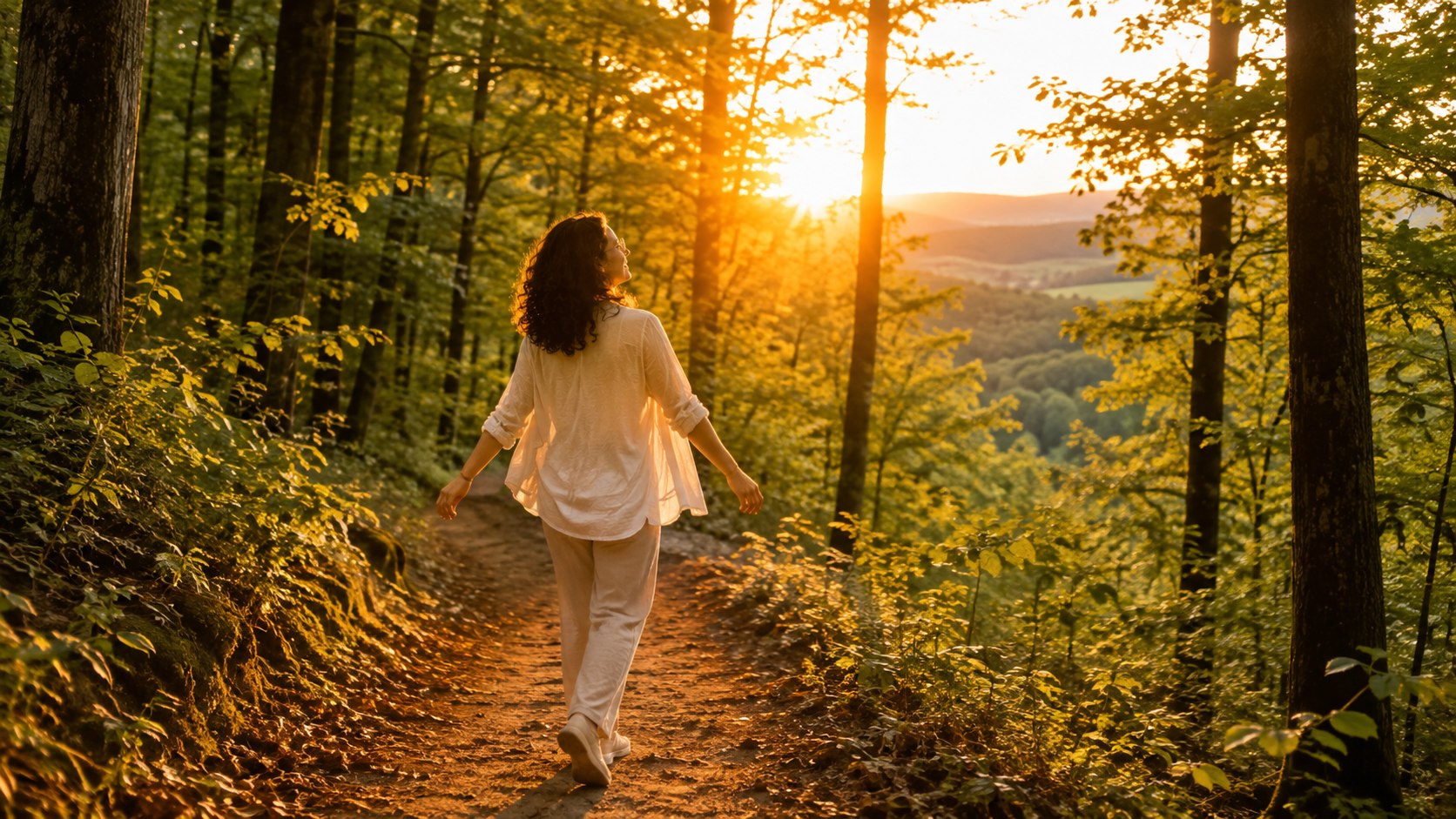 Tanja Rüdiger geht bei warmem Abendlicht über einen hellen Waldweg