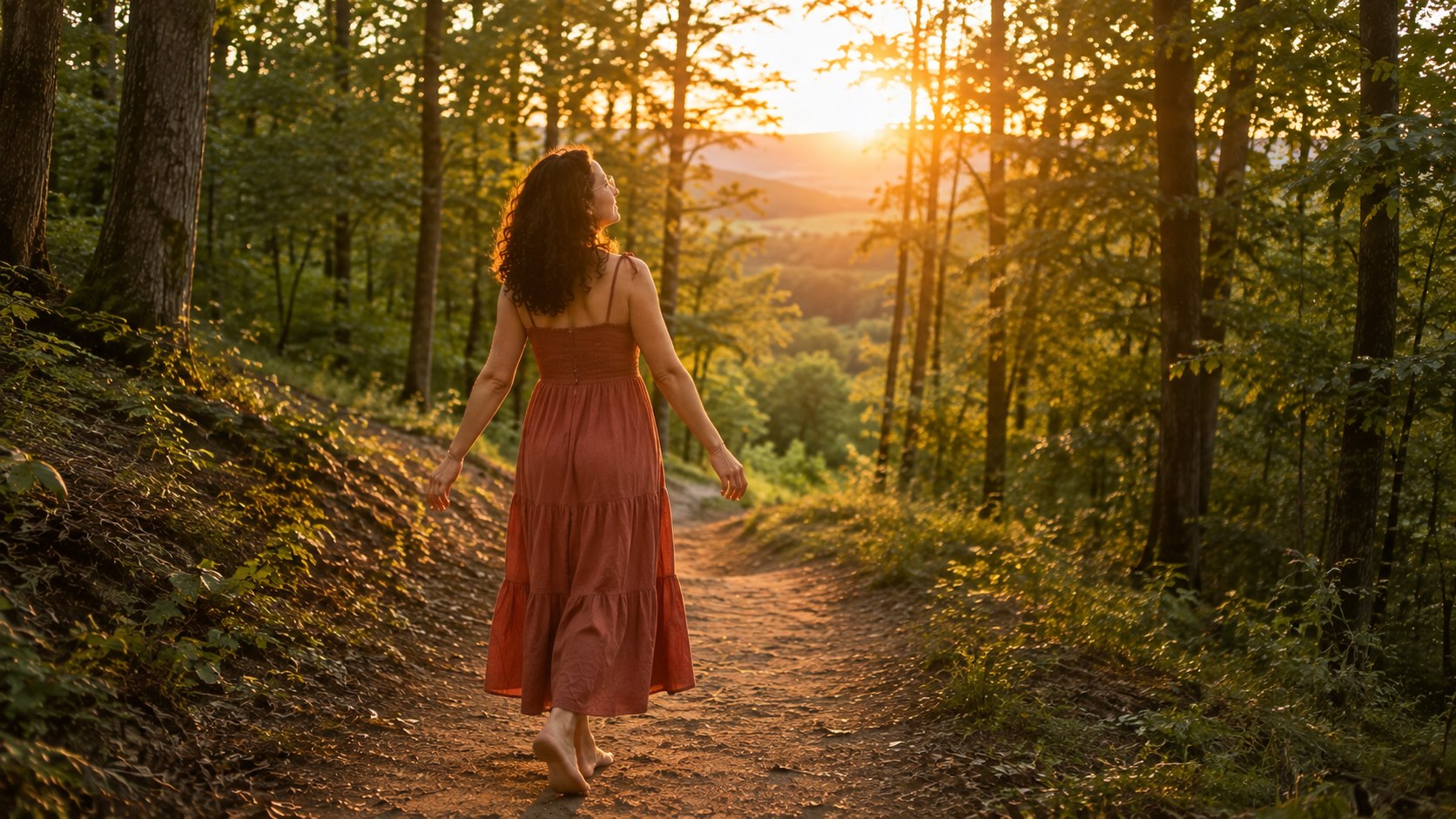 Tanja Rüdiger geht bei warmem Abendlicht über einen Waldweg