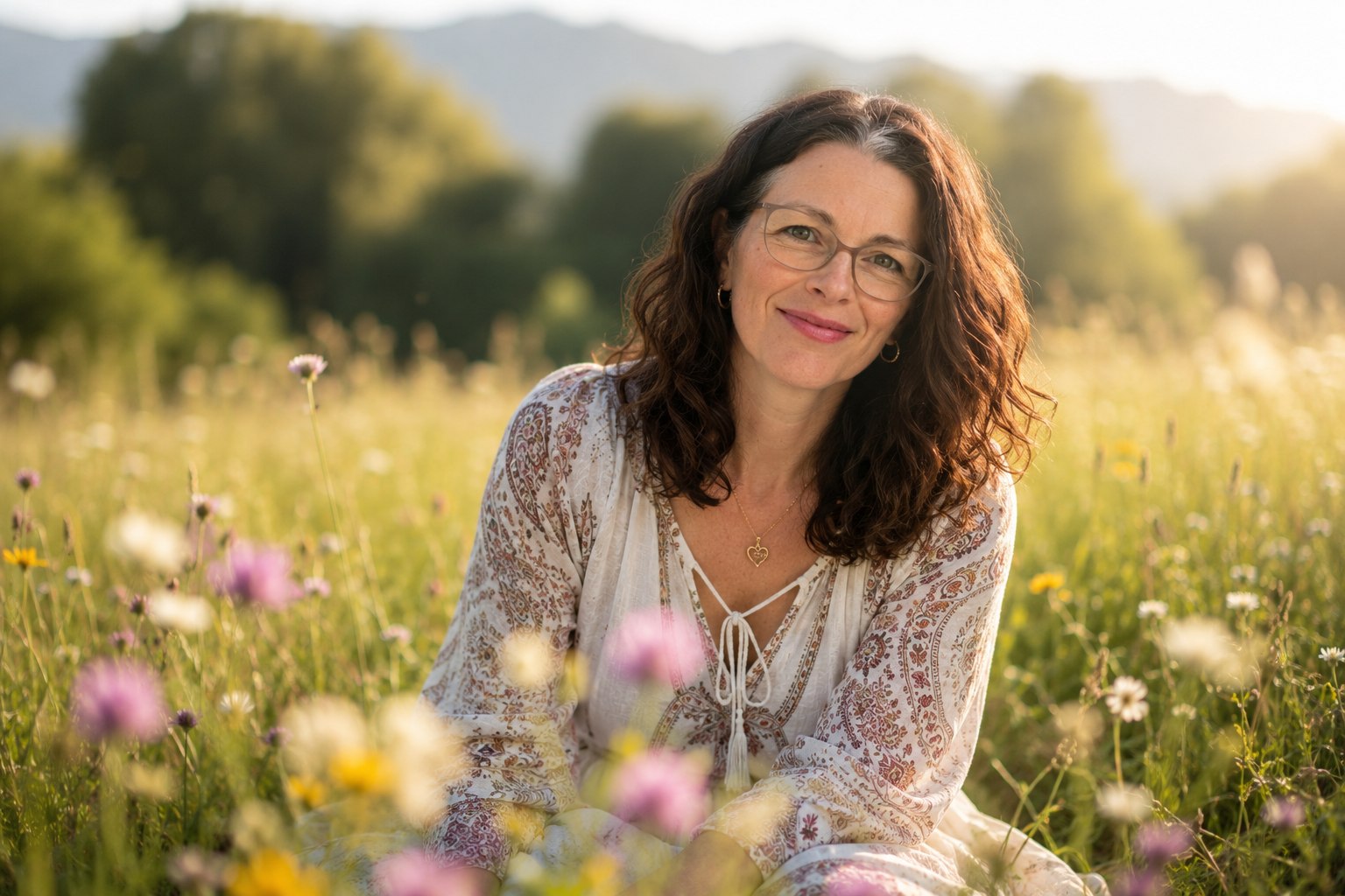 Tanja steht ruhig auf einer sonnigen Wiese und atmet durch